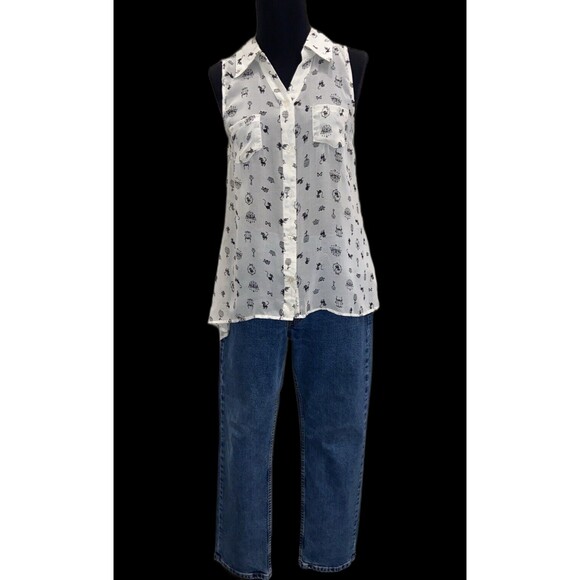 Blu Pepper White Sheer Sleeveless Blouse Top Kitty Cat Print Size Small - Picture 1 of 16